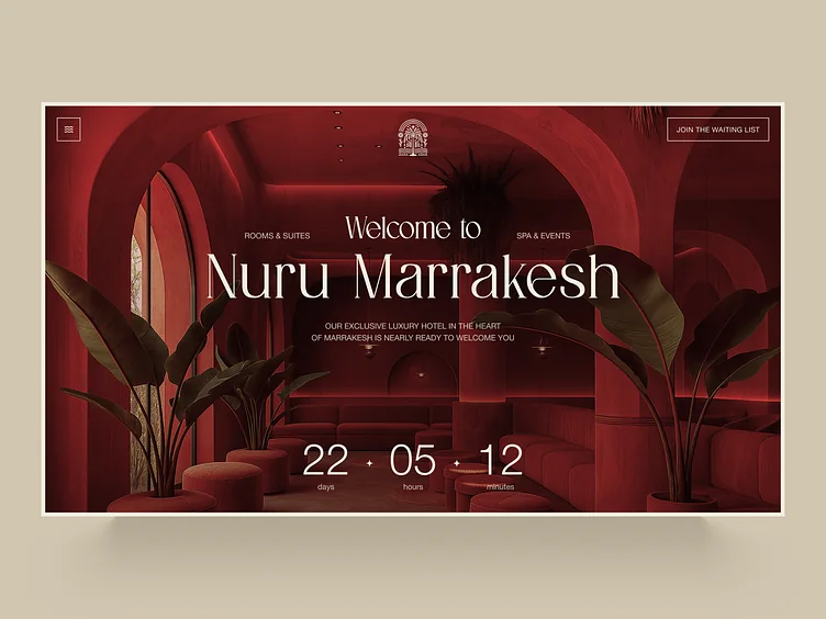 Nuru Marrakesh welcome screen: a deep red hotel lounge with arches and large plants, a countdown timer and a Join the waiting list button.